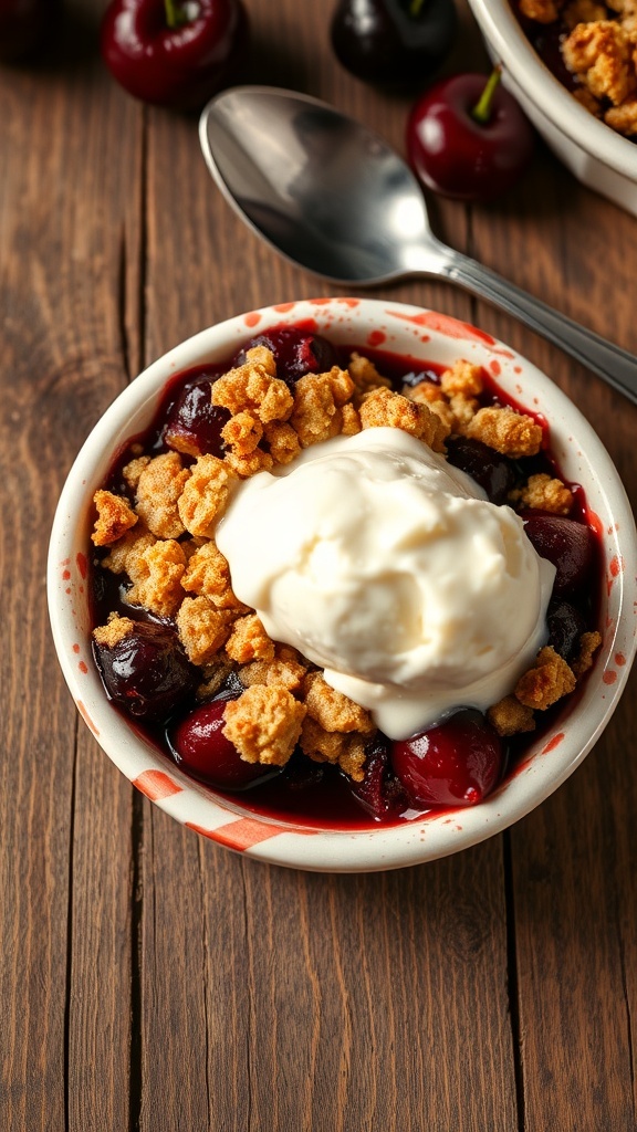 A small dish of cherry crumble with ice cream on top, set on a rustic wooden table.